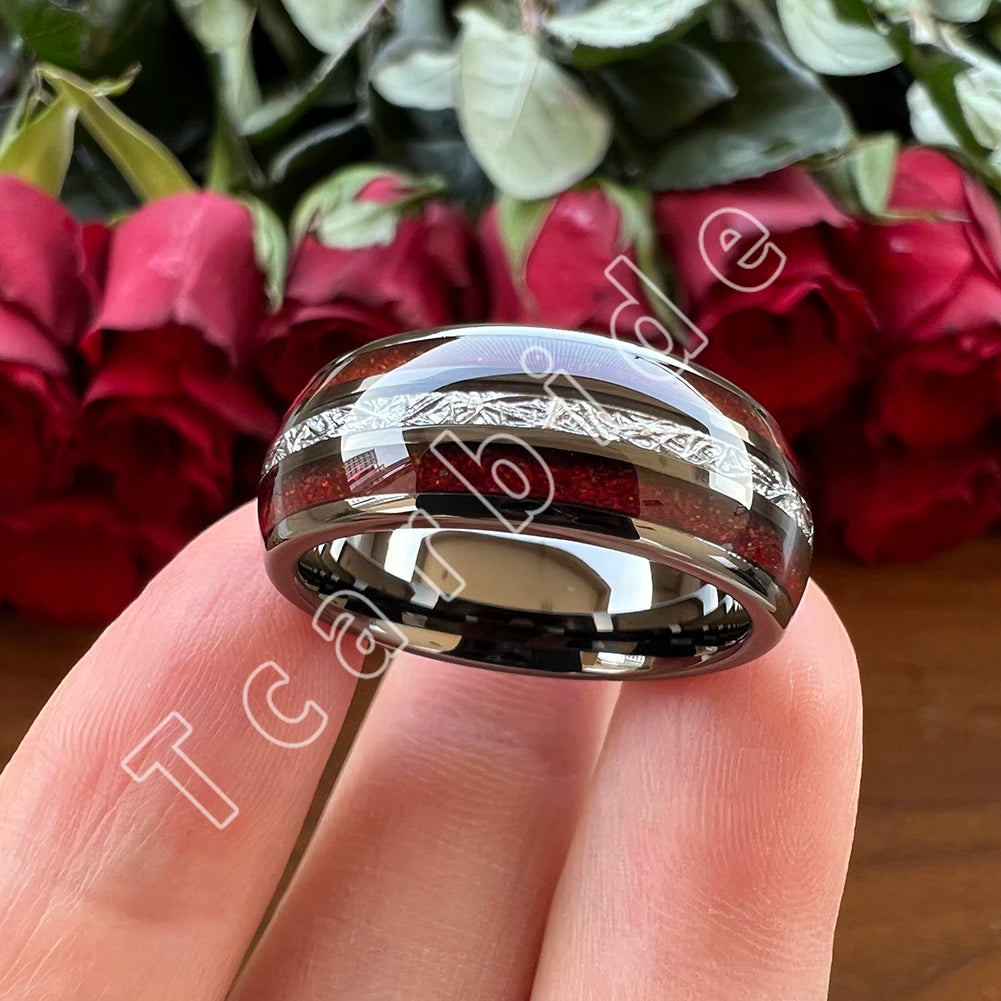 Dropshipping 8MM Männer Frauen Schöne Hochzeit Band Wolfram Rot Opal Ring mit Helle Meteorit Inlay Gewölbt Poliert Komfort Fit
