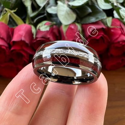 Dropshipping 8MM Männer Frauen Schöne Hochzeit Band Wolfram Rot Opal Ring mit Helle Meteorit Inlay Gewölbt Poliert Komfort Fit