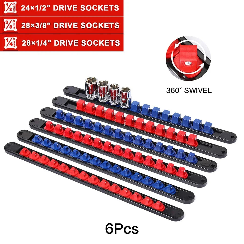 360 °   Drehbarer ABS-Sockel-Organizer, 1/4 Zoll, 3/8 Zoll, 1/2 Zoll, Premium-Qualität, Sockel-Clip-Schienenhalter, Steckdosen-Organizer, Werkzeuge, Blau und Rot