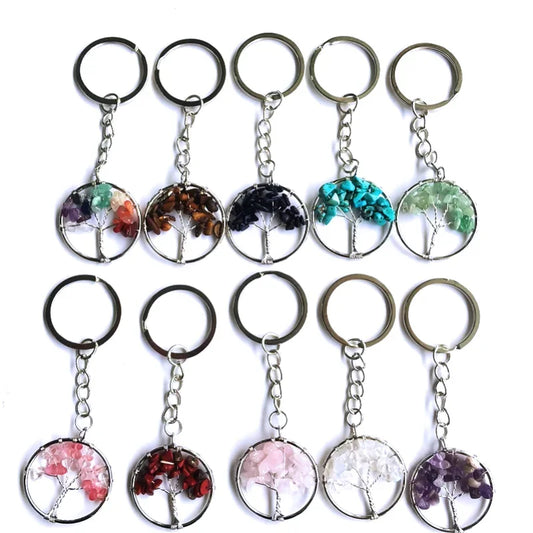 10 stücke Frauen natürlichen Chip Quarz Stein Perle 30mm Herz runden Baum des Lebens Schlüssel anhänger Lanyard Großhandel Schlüssel ringe