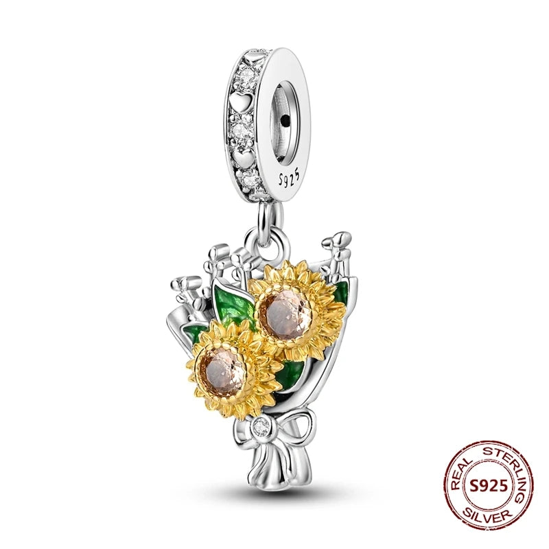 Gelber Sonnenblumen-Charm aus 925er Silber, Original-Zirkon, Kolibri, Einhorn-Charms, passend für Armbänder, DIY-Schmuck für Frauen, Hochzeitsgeschenk