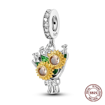 Gelber Sonnenblumen-Charm aus 925er Silber, Original-Zirkon, Kolibri, Einhorn-Charms, passend für Armbänder, DIY-Schmuck für Frauen, Hochzeitsgeschenk