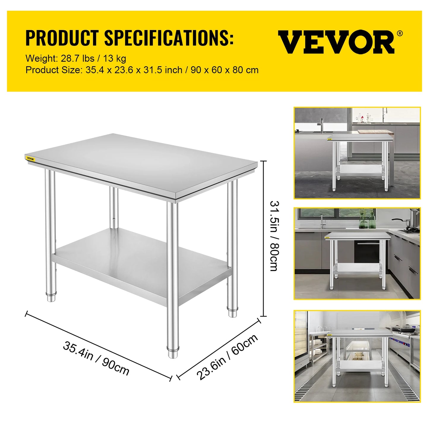 VEVOR Edelstahl Arbeitstisch 900 x 600 x 800 mm Edelstahltisch Essenszubereitung mit Verstellbare Füße für die Zubereitung von Mahlzeiten, Nähen, Waschen, Basteln, Garagennutzung usw.