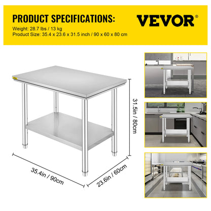 VEVOR Edelstahl Arbeitstisch 900 x 600 x 800 mm Edelstahltisch Essenszubereitung mit Verstellbare Füße für die Zubereitung von Mahlzeiten, Nähen, Waschen, Basteln, Garagennutzung usw.