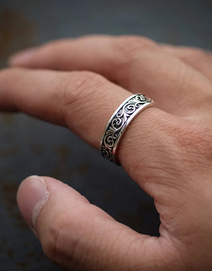 Retro Thai Silber Gras Muster Ring für Männer Trendy Vielseitig Personalisierter Schmuck Offene Einzelringe Fingerschmuck KOFSAC