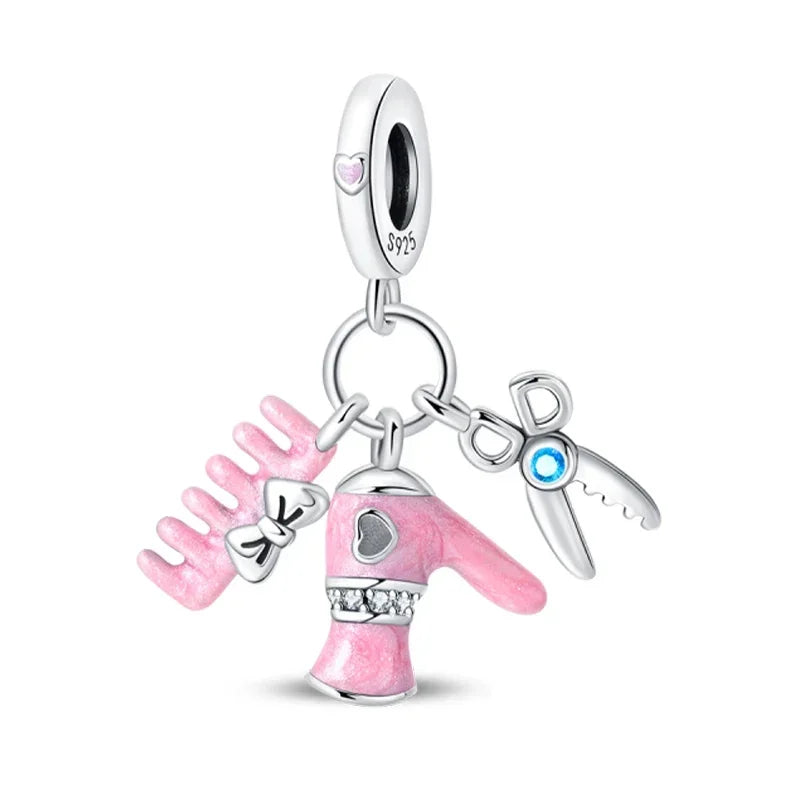Original 925 Sterling Silber Nähmaschine Schere Charms Perle eingelegt rosa Zirkonium Anhänger passen Armband Schmuck Liebhaber Geschenk