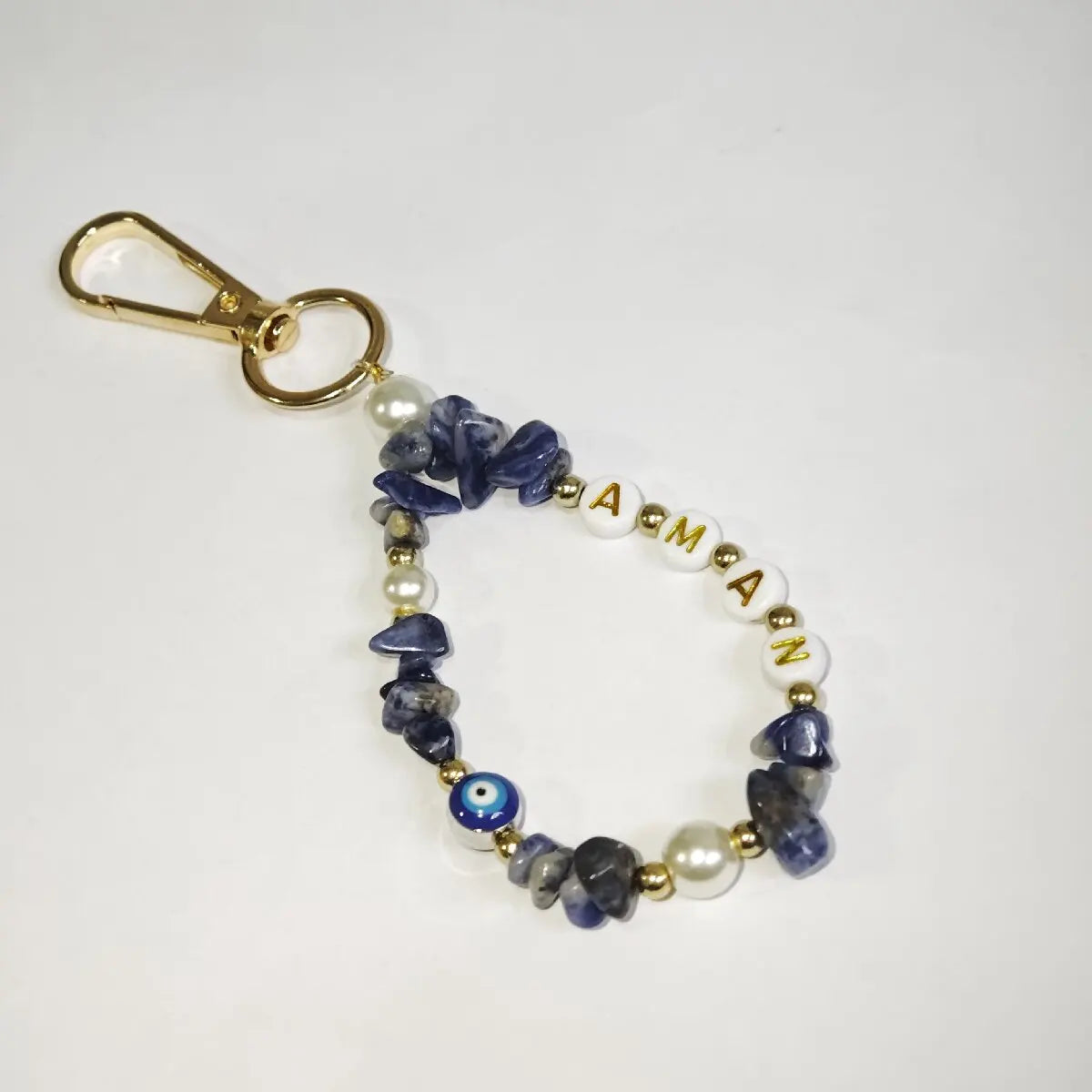1 STÜCK personalisierter individueller Edelstein-Schlüsselanhänger, Teufelsauge, Namensschild, Kristallstein/Lapislazuli-Rohstein-Anhänger