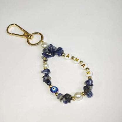 1 STÜCK personalisierter individueller Edelstein-Schlüsselanhänger, Teufelsauge, Namensschild, Kristallstein/Lapislazuli-Rohstein-Anhänger