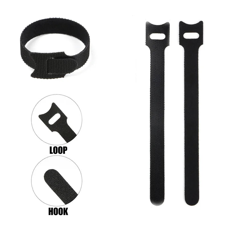20 Stück schwarze Klettverschlussbänder, Kabelbinder, Kabelriemen, Nylon-Kabelbinder, Kabelorganisator, wiederverwendbares Befestigungsband