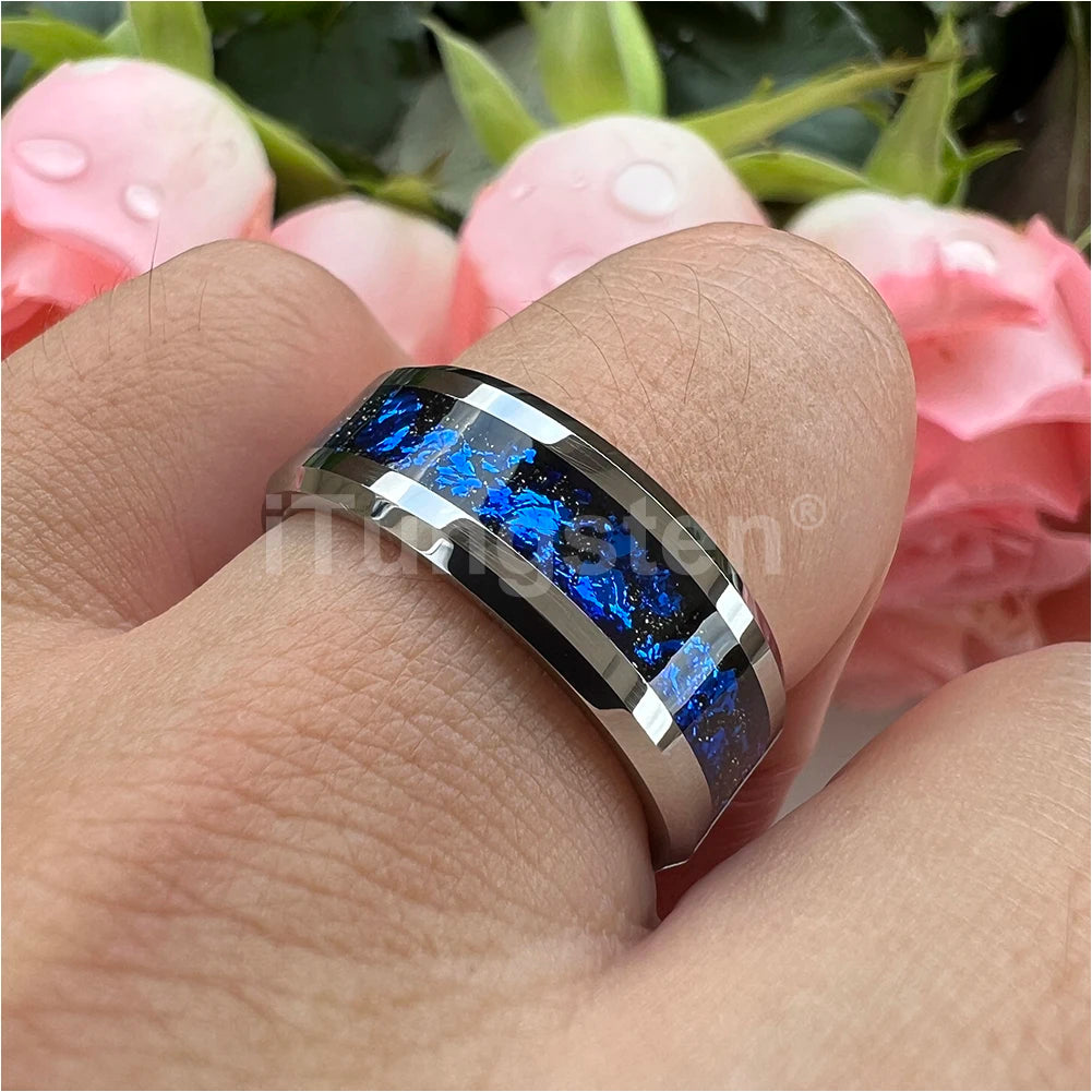 iTungsten 8 mm schwarze/silberne Wolfram-Eheringe für Männer und Frauen mit blauen Folien, abgeschrägte Kanten, polnisch, glänzend, bequeme Passform