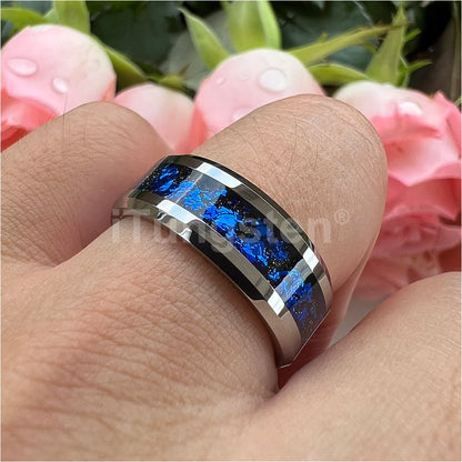 iTungsten 8 mm schwarze/silberne Wolfram-Eheringe für Männer und Frauen mit blauen Folien, abgeschrägte Kanten, polnisch, glänzend, bequeme Passform