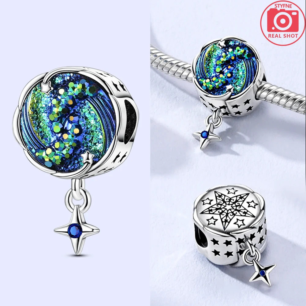 Original 925 Silber Lila Romantische Sternenplanet Perlen Halskette Charms Perlen Fit Armband Frauen Diy Zubehör Feines Geschenk
