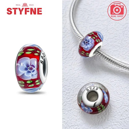 Echtes Sterlingsilber 925, Blumen-Charms, Glas, neue Original-Perle, bunt, Murano, passend für Original-Armbänder, DIY für Frauen, Schmuck, Geschenke