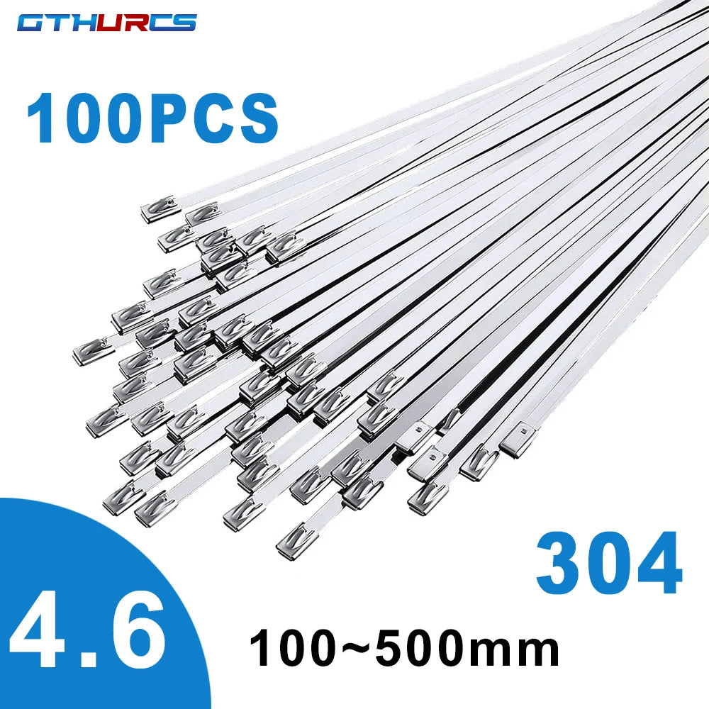 100 Stück 4,6 mm 7,9 mm 304 Edelstahl Metallkabelbinder Multifunktionale selbstsichernde Kabelbinder Reißverschluss-Auspufffolie beschichtete Verriegelung