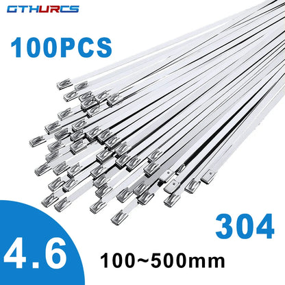 100 Stück 4,6 mm 7,9 mm 304 Edelstahl Metallkabelbinder Multifunktionale selbstsichernde Kabelbinder Reißverschluss-Auspufffolie beschichtete Verriegelung