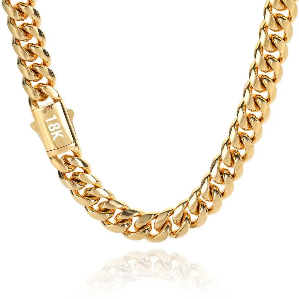 Hohe Qualität, Breite 8–14 mm, Edelstahl, goldfarben, kubanische Kette, wasserdicht, für Herren und Damen, Curb Link-Halskette, verschiedene Größen