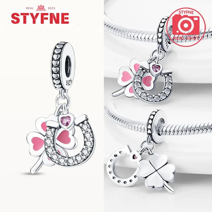 Silber S925 Glück Charms Bunte Vierblättriges Kleeblatt Hufeisen Perlen Fit Original Armbänder für Frauen Party Feine Geschenke DIY