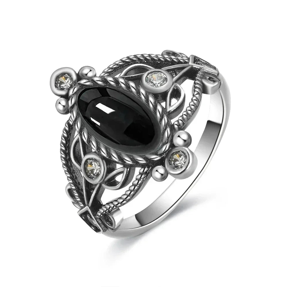 Vintage-Ring aus 925er Silber, natürlicher schwarzer Onyx-Ring, kreisförmiger Denier-Typ, Pferdeauge-Design, Geschenk, edler Schmuck, schwarzer Ring für Männer und Frauen