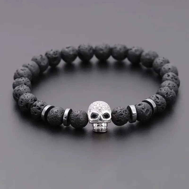 Black Eye Skull Hematite Beaded Bracelet Men Classic Handmade 8mm Lava Stone Charm Bracelet for Men Jewelry Gift