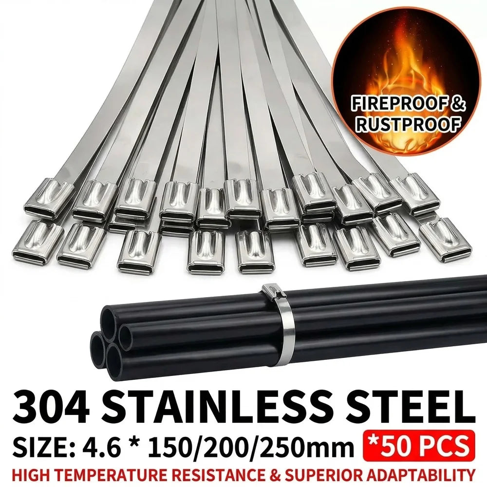 50 Stück Hochleistungs-Kabelbinder aus Edelstahl 304, 4,6 mm Selbstverriegelnde Rostfreie Metall-Kabelbinder für Elektroinstallationen & Außeneinsatz