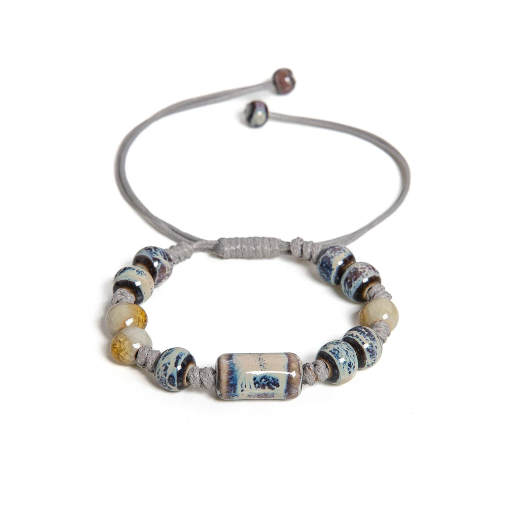 Handgefertigtes blaues Muster-Keramikarmband mit Röhrenperle, verstellbares Seil, Vintage-Schmuck im ethnischen Stil S03-115
