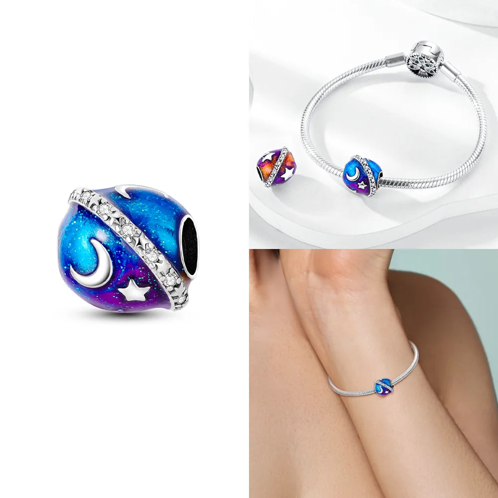 Original 925 Silber Lila Romantische Sternenplanet Perlen Halskette Charms Perlen Fit Armband Frauen Diy Zubehör Feines Geschenk