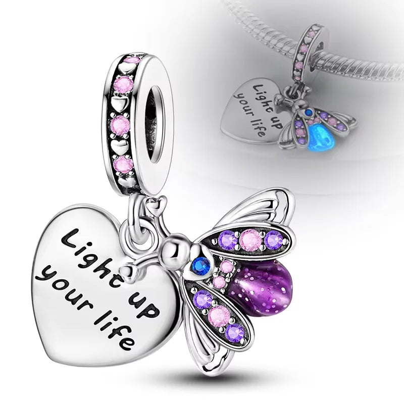 Original 925er Silber-Charm-Perlen, leuchtender, leuchtender Glühwürmchen-Schmetterlings-Anhänger, passend für Armbänder, Charm-Herstellung von Schmuck