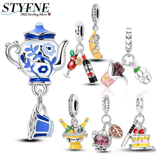 Charm-Anhänger aus 925er-Sterlingsilber, Vintage-Stil, blaues und weißes Porzellan, Teetasse, Perlen, passend für Original-Armbänder, Schmuck, Geschenk