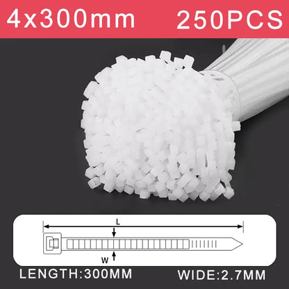 250/500/1000 Stück weiße selbstsichernde Kunststoff-Nylon-Kabelbinder 3 * 100 3 * 150 4 * 200 Befestigungsring Nylon-Klemmband mit Schloss