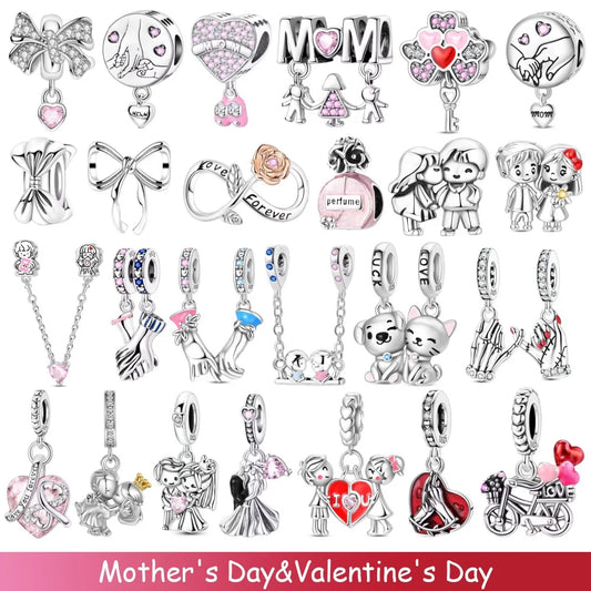 925 Sterling Silber Original Charms Perle CZ Zirkon Liebe Mama Rosa Herz Anhänger Passend für Armband DIY Damen Schmuck Geschenk für Freundin