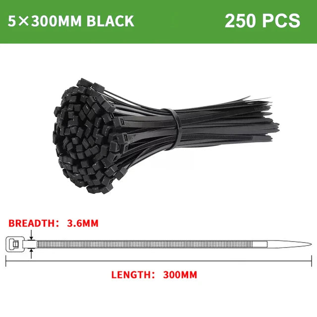 250 Stück selbstsichernder Kunststoff-Nylon-Kabelbinder, schwarz, 5 x 300 Kabelbinder, 8 x 200 mm, Befestigungsring, Kabelbinder, Reißverschluss, Wraps, Riemen, Nylon-Kabelbinder-Set
