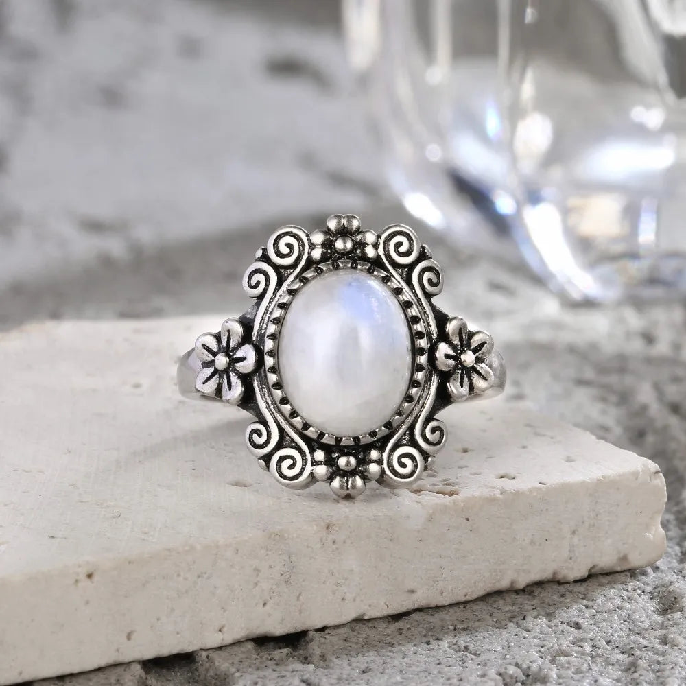 925 Silber Blume 8 * 10 mm Mondstein Ring Vintage Stil Damen Party Schmuck Geschenk für Frauen
