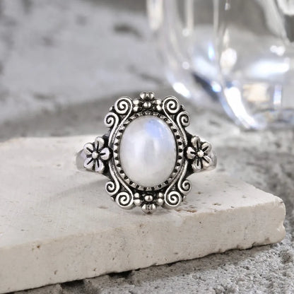 925 Silber Blume 8 * 10 mm Mondstein Ring Vintage Stil Damen Party Schmuck Geschenk für Frauen