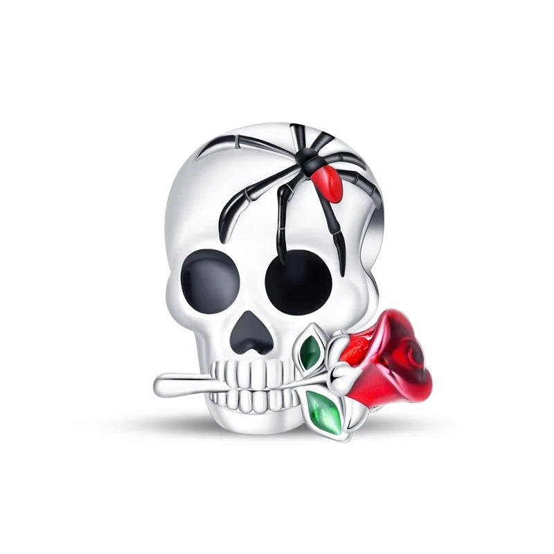 Atemberaubender Geisterrosen-Perlen aus 925er-Sterlingsilber und Spinnen-Seidenschädel-Anhänger, passend für Armbänder, Halloween-Anhänger, Accessoires, Geschenke