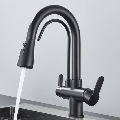 Quyanre Mattschwarzer gefilterter Kran für die Küche, herausziehbares Spray, 360-Grad-Drehung, Wasserfilterhahn, drei Möglichkeiten, Waschbeckenmischer, Küchenarmatur