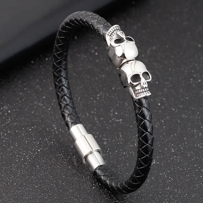 Übertreibung Männer Schmuck Schwarz Geflochtene Leder Armbänder Edelstahl Leder Armbänder Coole Schädel Armbänder Männer Armband