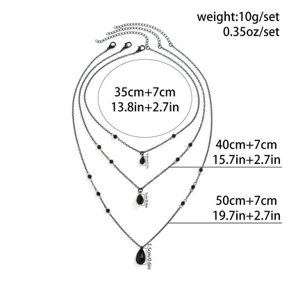 IngeSight.Z Gothic mehrschichtiges schwarzes Tropfen-Kristall-Anhänger-Halsketten-Set für Frauen, Vintage-Gliederkette aus schwarzem Metall, Halsband