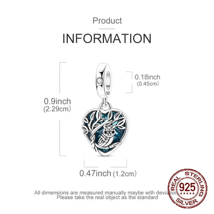 Charm-Anhänger aus 925er-Sterlingsilber mit Herzrahmen, Eule und Baum, blauer Zirkon, eingelegte passende Armbänder, süßer Schmuck, Geschenk für Frauen