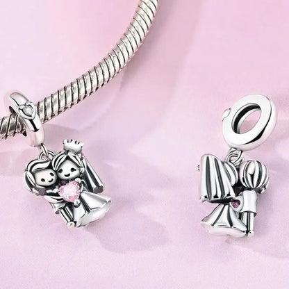Valentinstag-Charm aus 925er Silber, Bräutigam und Braut, baumelnder Charm, passend für Armbänder, Perlen zum Selbermachen, für Damenschmuck