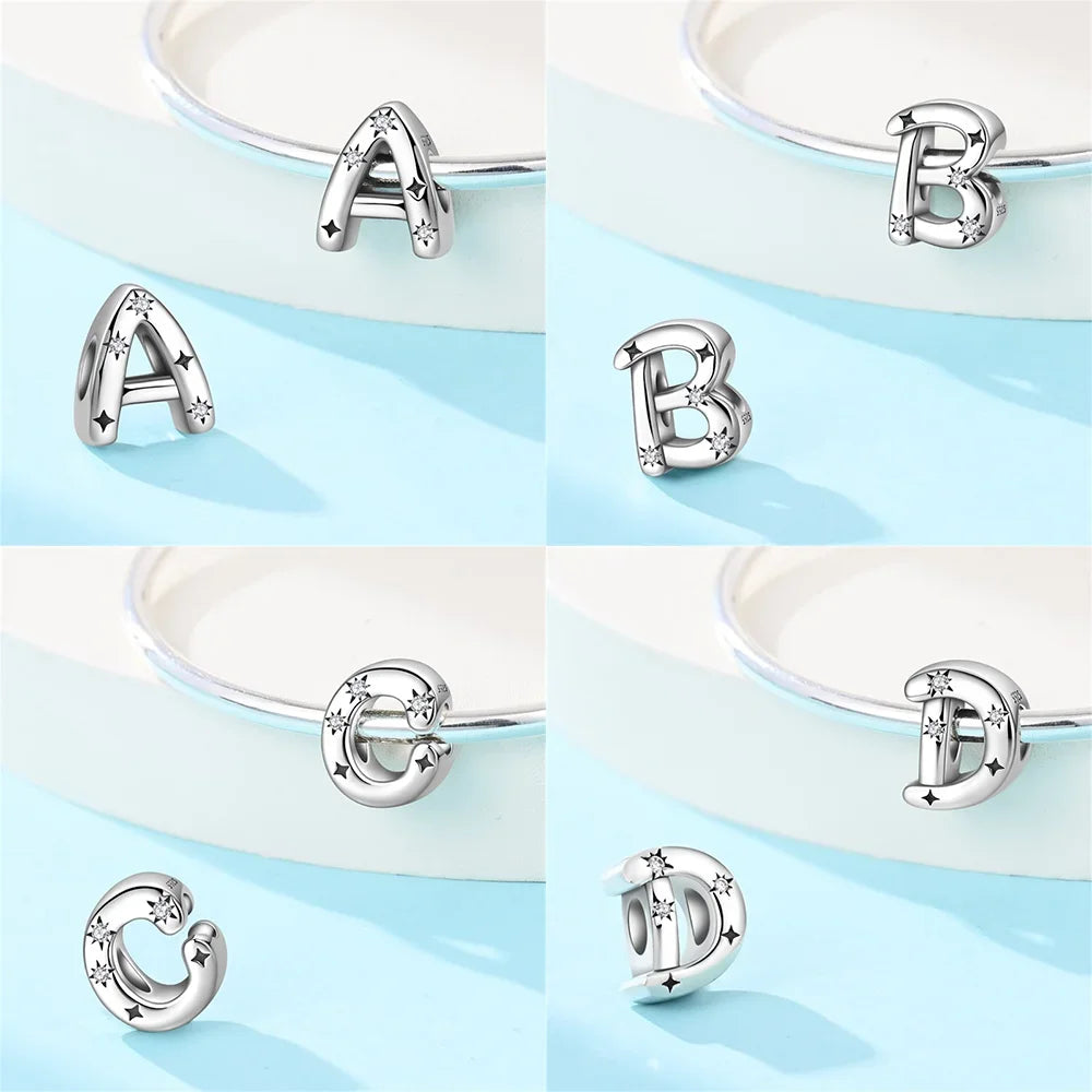 Charms aus 925er Silber, Buchstaben-Serie, Sternenlicht-Buchstaben, glänzende Zirkon-Perlen, passend für Armbänder, Zubehör, Schmuckherstellung, edler Schmuck, Geschenk