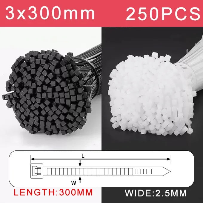 250/500/1000 Stück selbstsichernde weiße schwarze Kunststoff-Nylon-Kabelbinder, Befestigungsring, Nylon-Klemmband mit Schloss, 3 x 100, 4 x 300 mm