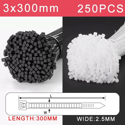 250/500/1000 Stück selbstsichernde weiße schwarze Kunststoff-Nylon-Kabelbinder, Befestigungsring, Nylon-Klemmband mit Schloss, 3 x 100, 4 x 300 mm