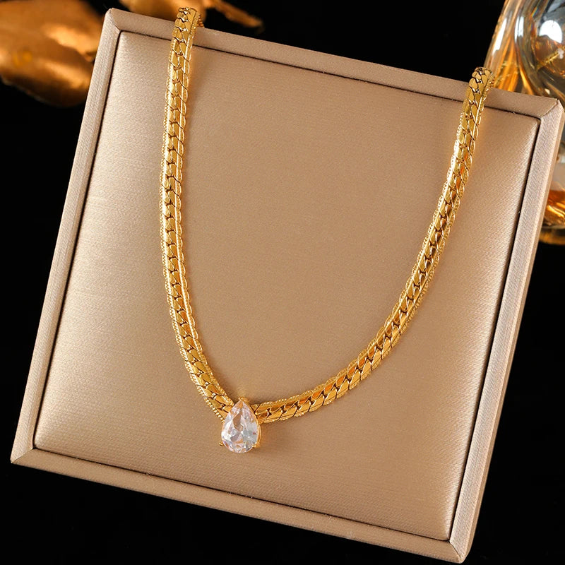 EILIECK 316L Edelstahl Metall Goldene Kette Teardrop Bling Zirkonia Halskette 18K PVD Überzogene Wasserdicht Mode Schmuck Frauen
