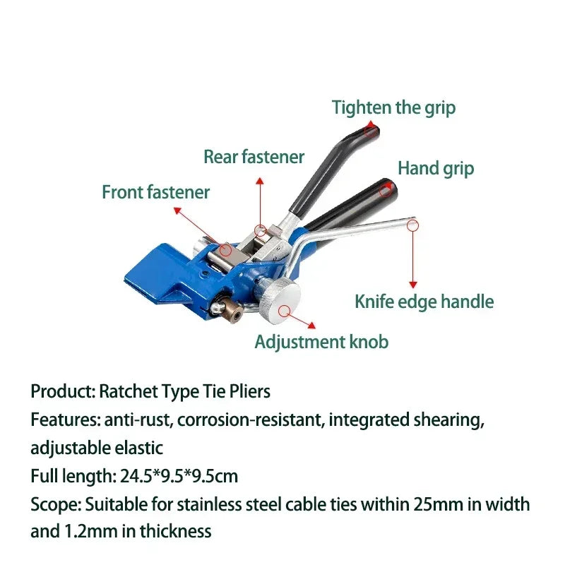 Ratschen-Edelstahl-Kabelbinderzange für Breite 4,6–25 mm, Dicke 0,25–1,2 mm, Umreifungsmaschine, Anziehwerkzeug, Kabelbinderpistole