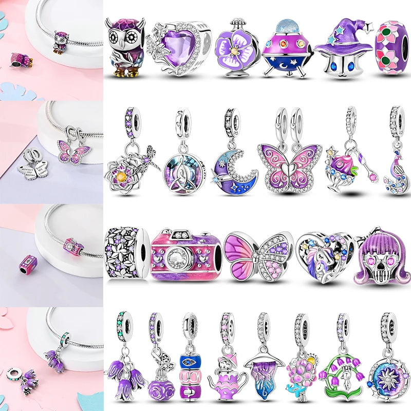 Sicherheitsketten aus 925er-Sterlingsilber, violette Serie, Schmetterling, Widder, Zwillinge, passend für Original-Armbänder, DIY-Schmuckherstellung, Geschenk für Frauen
