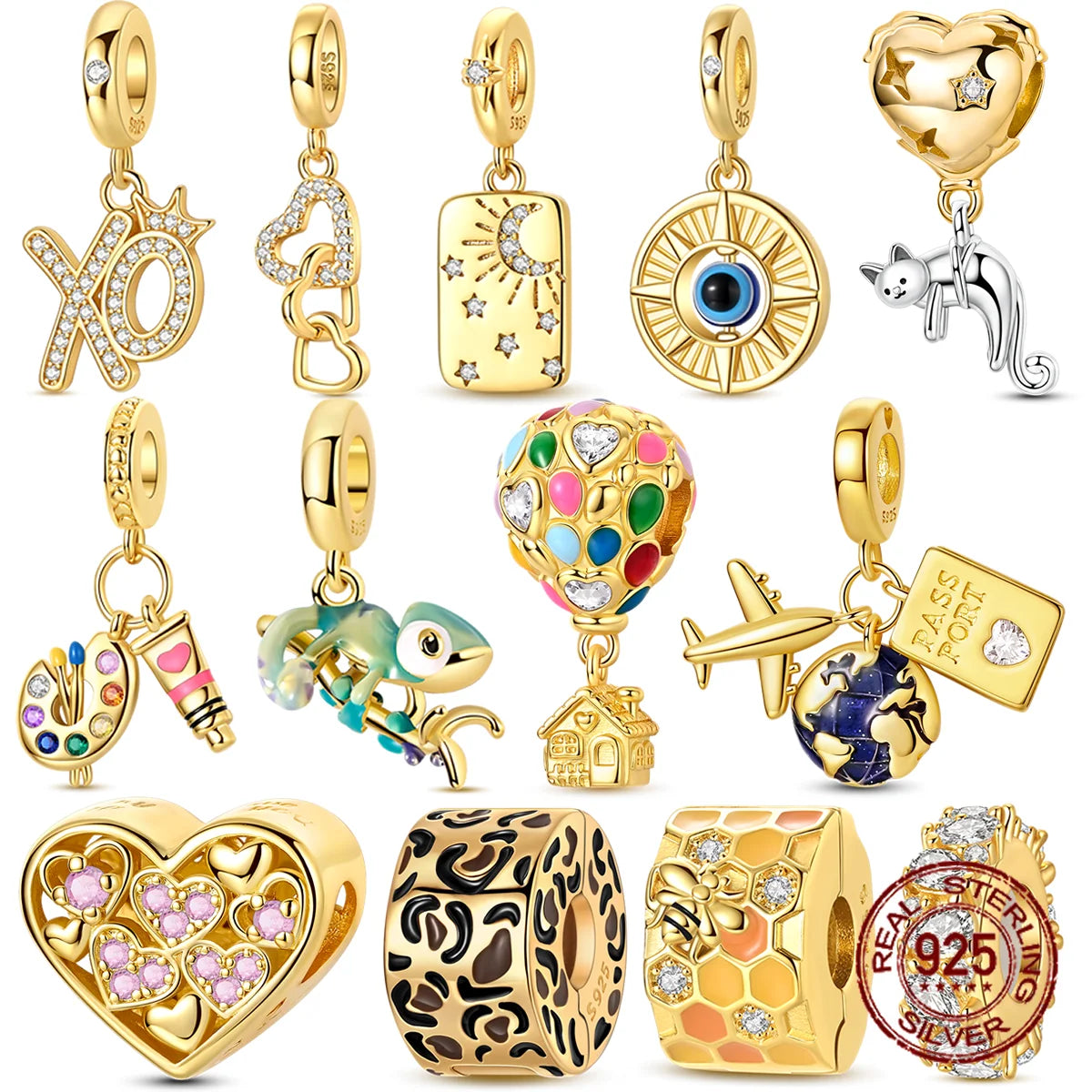 Golden Series Charms aus 925er-Sterlingsilber, zu öffnender Wal-Schmetterlings-Sonnen-Anhänger, CZ-Zirkon, passend für Original-Armbänder, DIY-Schmuck