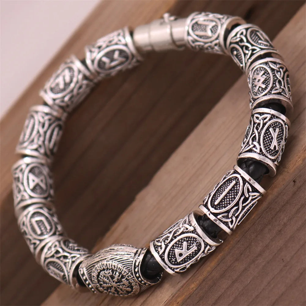 Mkendn Wikinger Accessoires Runen Perlen DIY Schmuck Herren Damen Wikinger Leder Armreifen mit Charms Bart Perlen