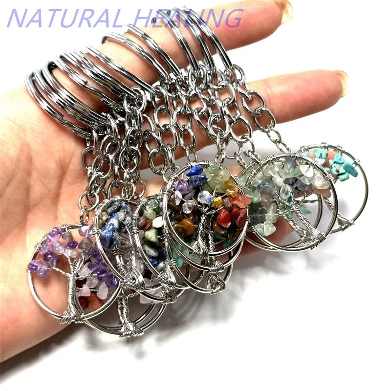 10 stücke Frauen natürlichen Chip Quarz Stein Perle 30mm Herz runden Baum des Lebens Schlüssel anhänger Lanyard Großhandel Schlüssel ringe