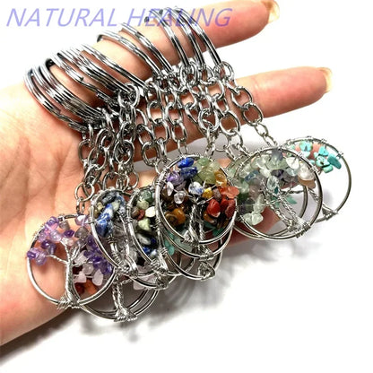 10 stücke Frauen natürlichen Chip Quarz Stein Perle 30mm Herz runden Baum des Lebens Schlüssel anhänger Lanyard Großhandel Schlüssel ringe