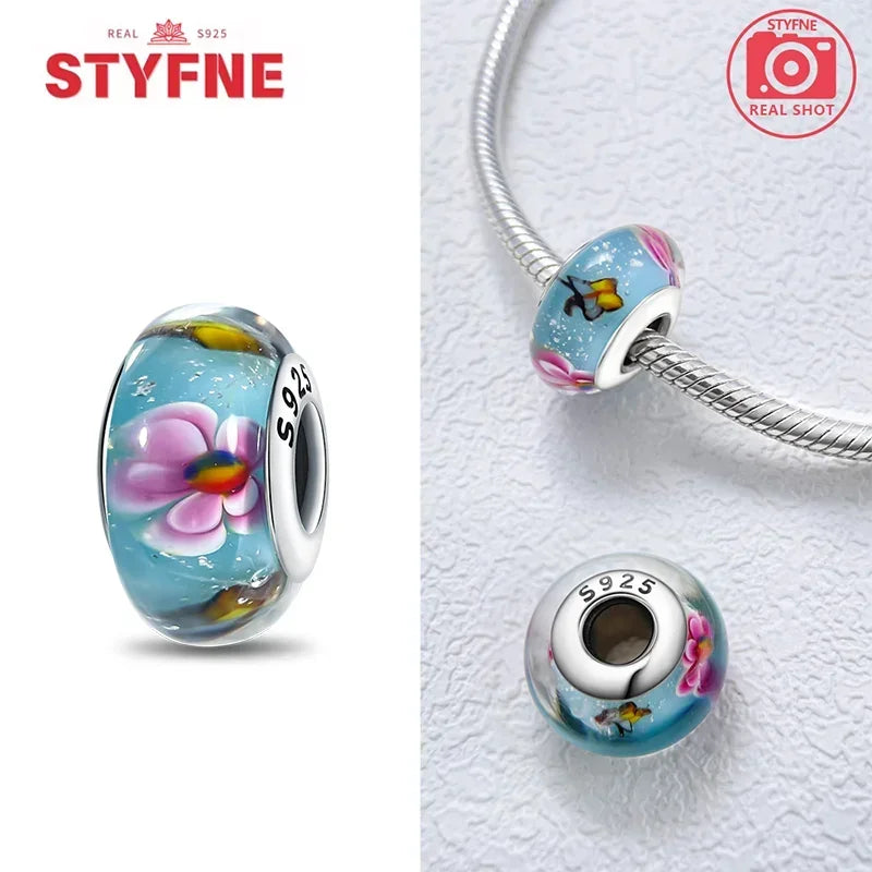 Echtes Sterlingsilber 925, Blumen-Charms, Glas, neue Original-Perle, bunt, Murano, passend für Original-Armbänder, DIY für Frauen, Schmuck, Geschenke